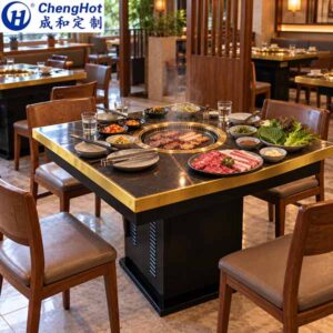 Black Sintered Stone BBQ Table with Gold Trim and Built-In Grill